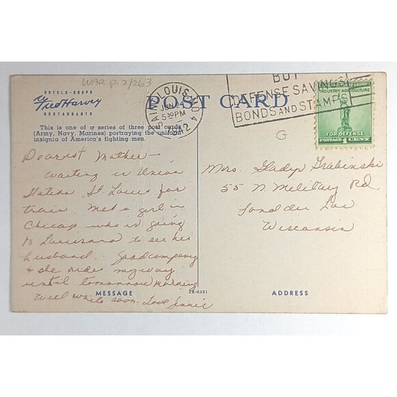 WWII Uniform Rank Insignia Recognition Postcard US Army 1942 Fred Harvey - Picture 3 of 4